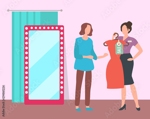 Girl trying on dress near pink mirror in fashion boutique. Young woman choosing clothes in department store. Customer and sales assistant, shopping in sale season. Vector in flat cartoon style
