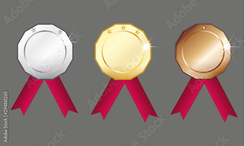 Gold, silver, bronze medals. Medals set isolated on grey with red ribbons and stars. Vector illustration 