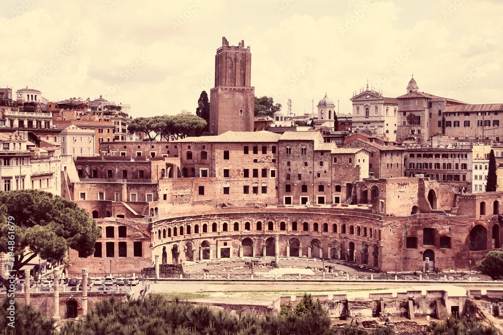 Rome Trajan Forum ruins. Vintage filtered colors.
