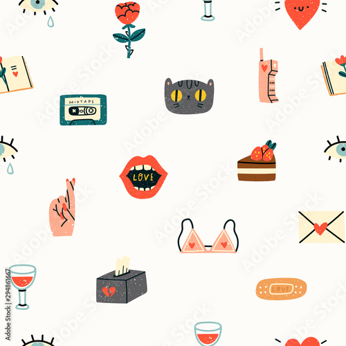 Various love, romance icons. Cute hand drawn trendy vector illustrations. Cartoon style. Flat design. Naive art. Colored seamless pattern