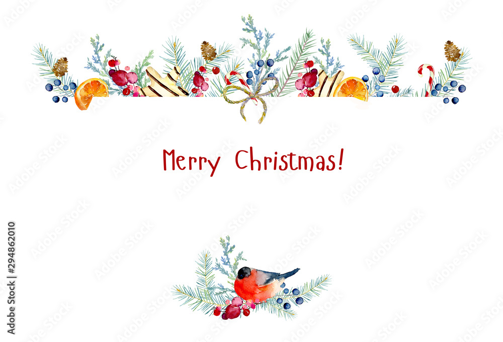Holiday template on a white background for invitation cards, postcards, New Year's letterhead, other design.Coniferous branches, gingerbread cookies, candy, branches with berries, bow, cone, bullfinch Holiday template on a white background for invitation cards, postcards, New Year's letterhead, other design.Coniferous branches, gingerbread cookies, candy, branches with berries, bow, cone, bullfinch
