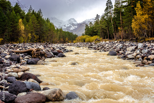 dirty mountain river after rain