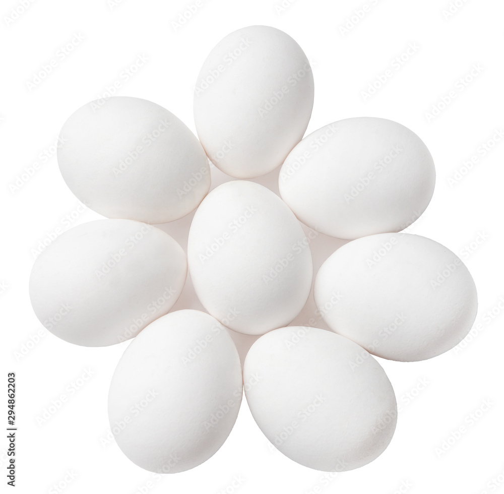 Several chicken eggs isolated on a white background.Top view. Clipping path.