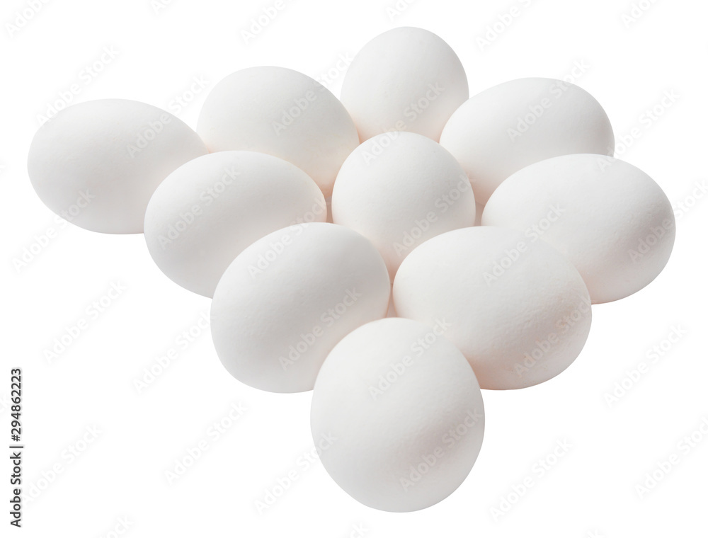 Several chicken eggs isolated on a white background. Top side view. Clipping path. Several chicken eggs isolated on a white background. Top side view. Clipping path.