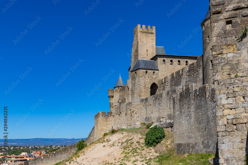 The medieval fortress and walled city of Carcassone in southwest France. Founded by the Visigoths in the 5th century, it was restored in 1853 and is now a UNESCO World Heritage Site