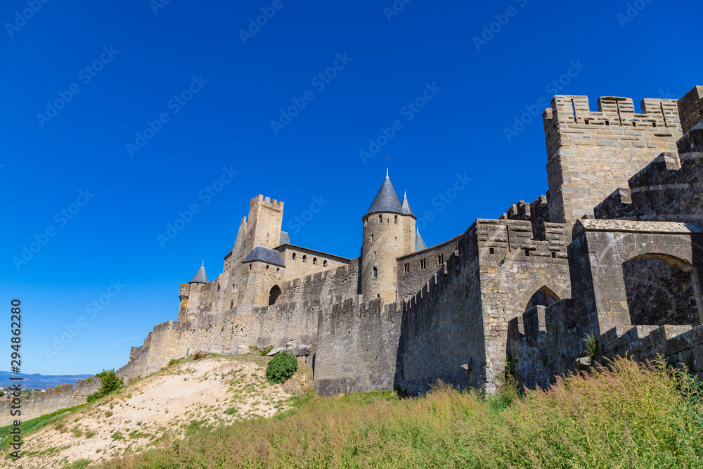 The medieval fortress and walled city of Carcassone in southwest France. Founded by the Visigoths in the 5th century, it was restored in 1853 and is now a UNESCO World Heritage Site