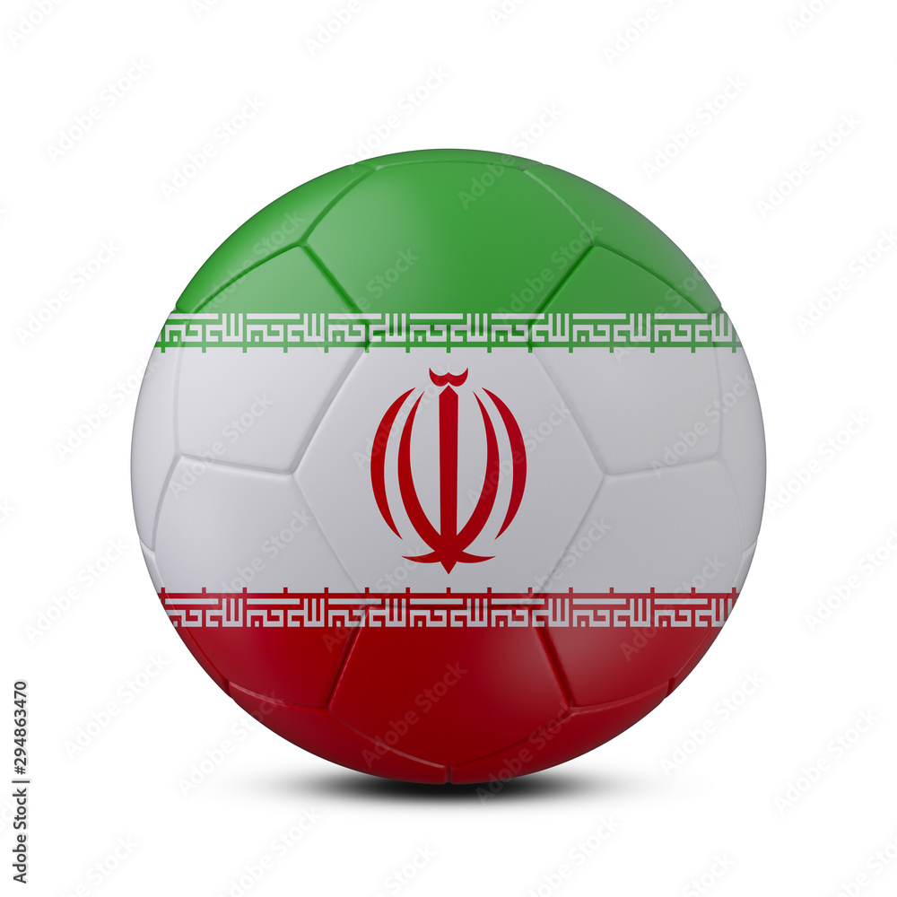 Fototapeta premium Soccer ball with flag of Iran isolated with clipping path on white background, 3d rendering