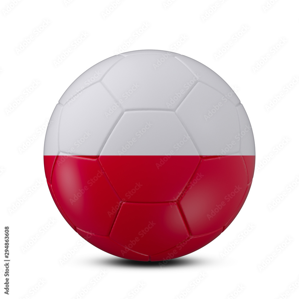 Soccer ball with flag of Poland isolated with clipping path on white background, 3d rendering Soccer ball with flag of Poland isolated with clipping path on white background, 3d rendering