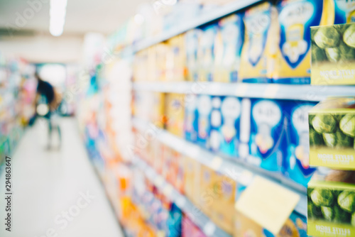 Abstract blurred food and drink on shelf in supermarket