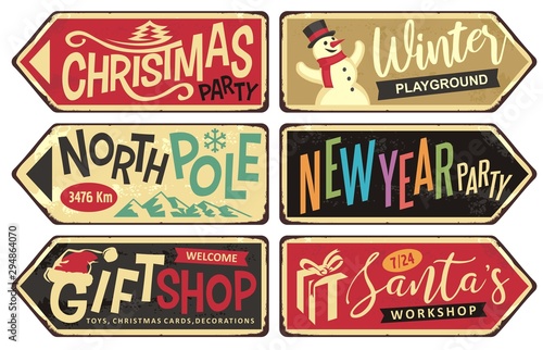 Collection of holiday Christmas sign posts. Christmas party winter playground  north pole  New year party  gift shop and Santa s workshop. Seasonal vector illustrations set.