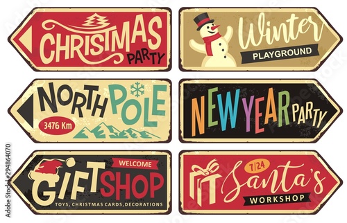 Collection of holiday Christmas sign posts. Christmas party,winter playground, north pole, New year party, gift shop and Santa's workshop. Seasonal vector illustrations set.