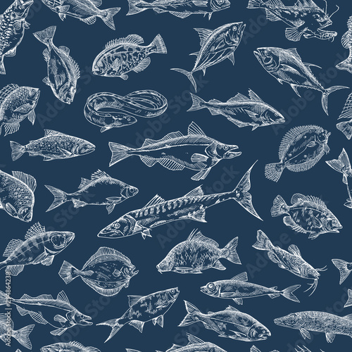 Seamless pattern with ocean fish sketches
