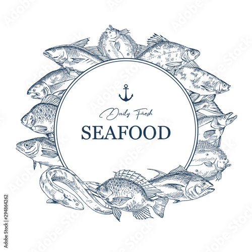Sign with seafood sketches or banner with fish