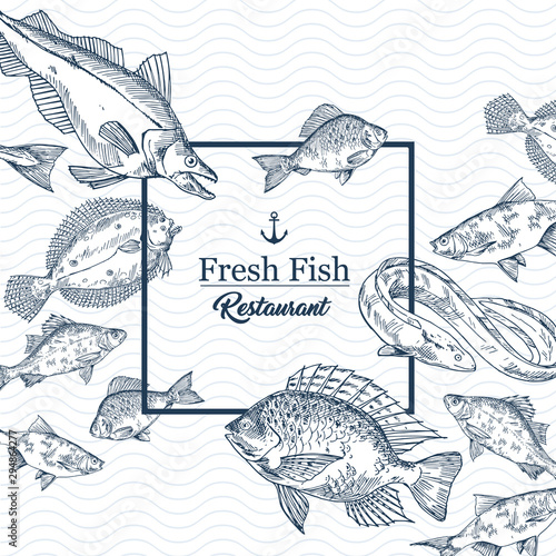 Restaurant banner with seafood, fishing club sign