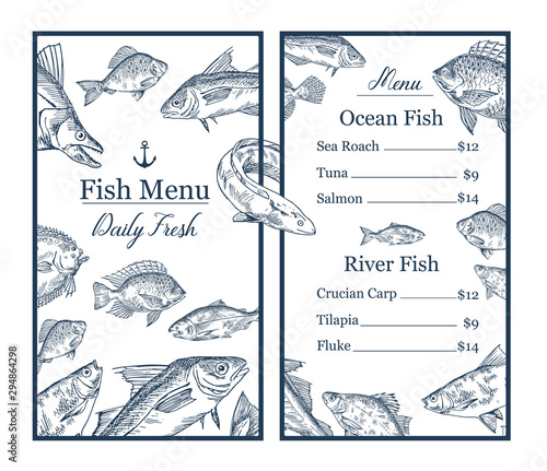 Fish sketches and anchor on restaurant menu. Food