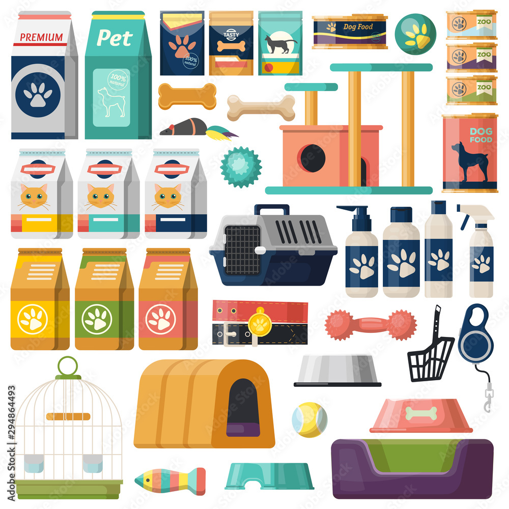 Set of isolated pet items, food for cat and dog Set of isolated pet items, food for cat and dog