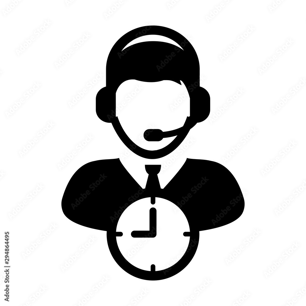 Fototapeta premium Support icon vector with clock symbol and male customer care support business service person profile avatar with headphone for online assistant in glyph pictogram illustration