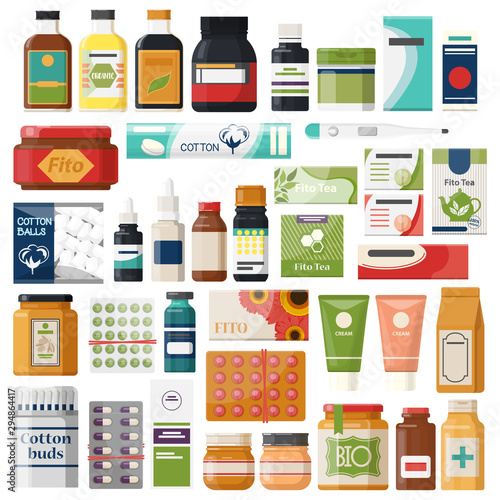Set of isolated pharmacy items or medicine drugs,