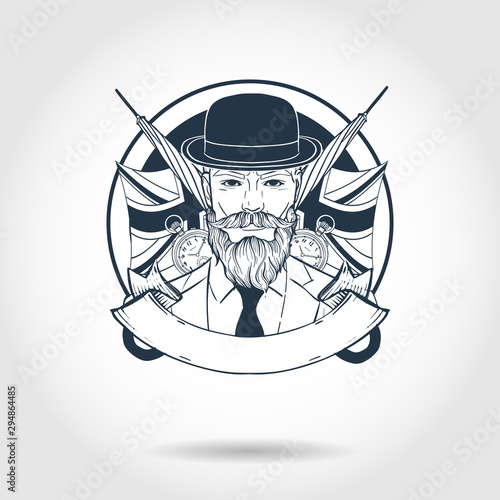 Hand drawn sketch, british man with beard, mustaches, hat and umbrella. Poster, flyer design