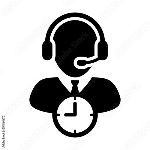 Assistant icon vector with clock symbol and male customer care support business service person profile avatar with headphone for online assistant in glyph pictogram illustration