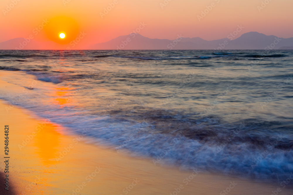 Sunset on a beach in Kos, Greece.
