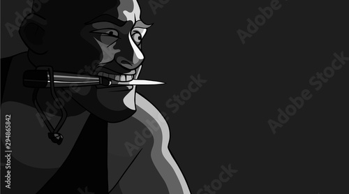 cartoon dangerous man holding a knife with his teeth