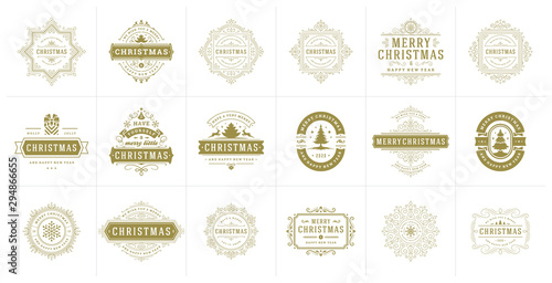 Christmas vector typography ornate labels and badges, happy new year and winter holidays wishes for vector illustration