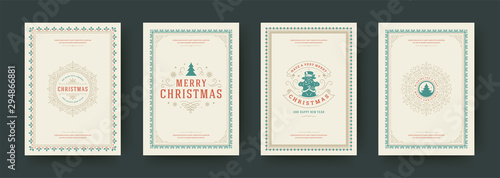 Christmas cards vintage typographic design ornate decorations symbols with winter holidays wishes vector illustration