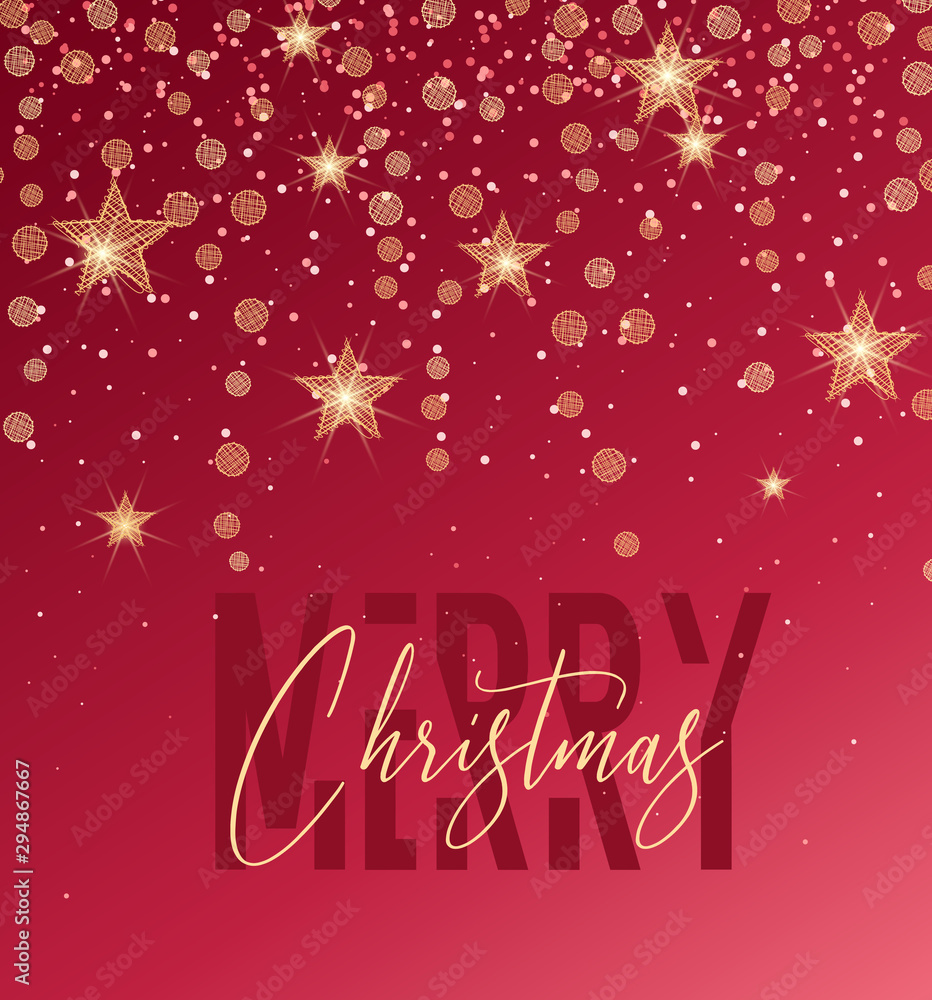 Vector illustration of a Christmas background. Merry Christmas card with golden stars. Gold decoration on red background