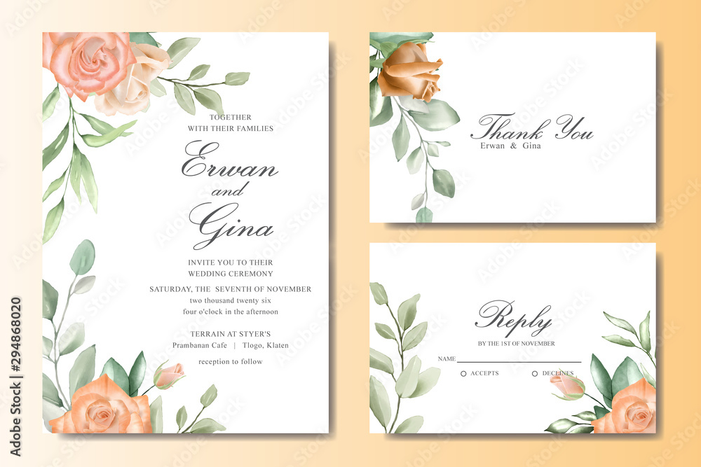 Decorative Wedding invitation card set with watercolor floral and leaves