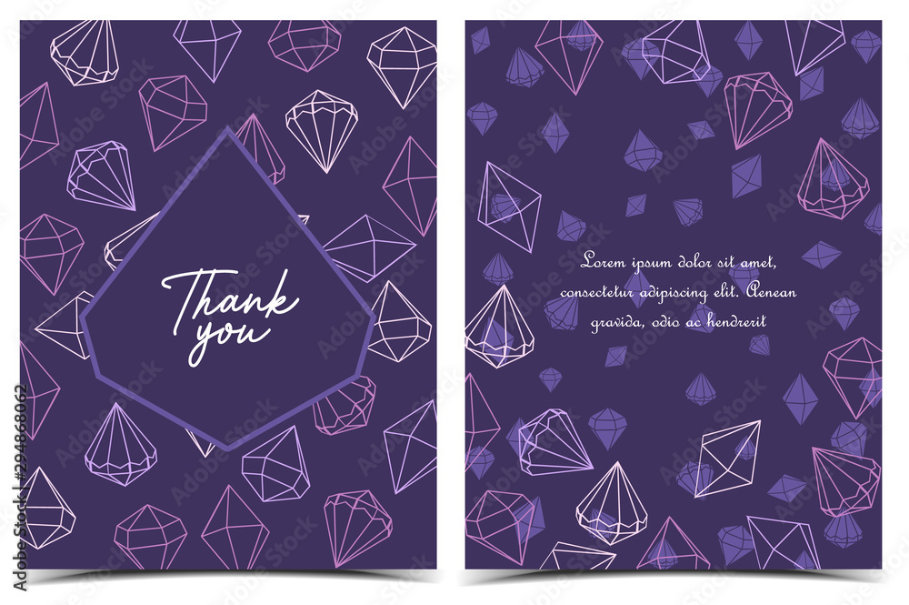 Vector illustration of greeting card with jewels, diamant. Decorative background with thank you text. Set of greeting cards Vector illustration of greeting card with jewels, diamant. Decorative background with thank you text. Set of greeting cards