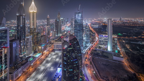 Photography Skyline of the buildings of Sheikh Zayed Road and DIFC aerial night timelapse in Dubai, UAE