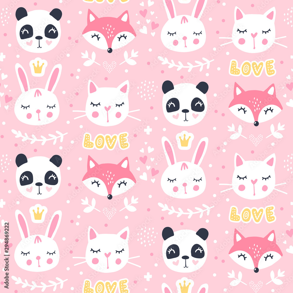 Cute seamless pattern with fox, panda, cat.