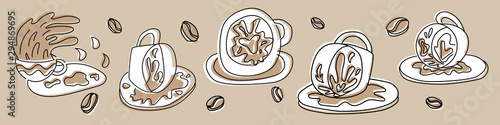 Fortune telling and divination set elements of coffee cup for a mystic sphere of activity, shop. Witch store. Idea for esoteric, occult books, presentation. Furtive telling. Mystery illustrations