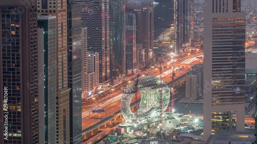 Canvas Print Construction site of the Museum of the Future aerial night to day timelapse, next iconic building of Dubai