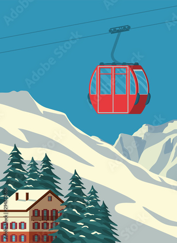Ski resort with red gondola lift  chalet  winter mountain landscape  snowy peaks and slopes. Alps travel retro poster  vintage banner. Vector flat illustration.