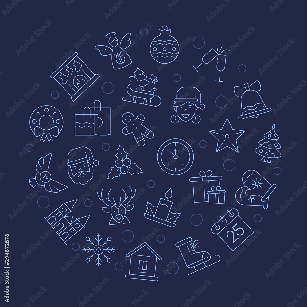 New year symbols in circle shape linear vector illustration New year symbols in circle shape linear vector illustration