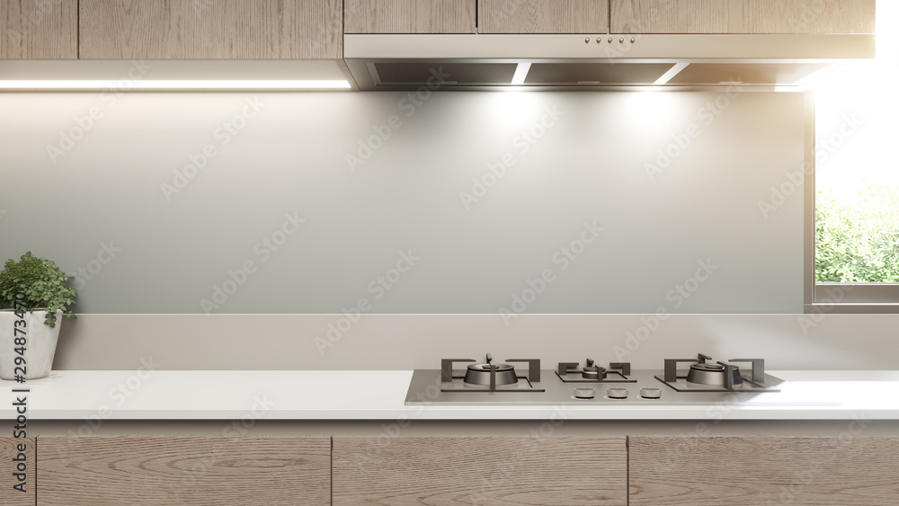 White clean counter and wooden cabinet of modern kitchen in luxury house. Home interior decoration 3d rendering. - obrazy, fototapety, plakaty 