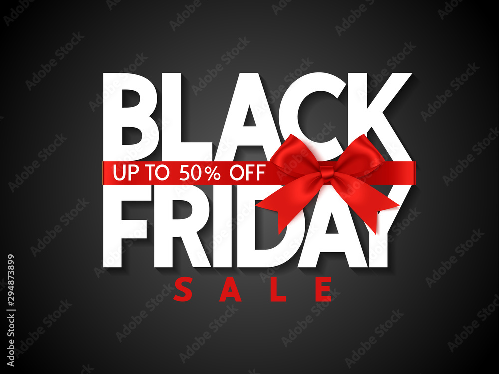 Black friday sale design template Text with decorative red bow. Vector illustration - obrazy, fototapety, plakaty 