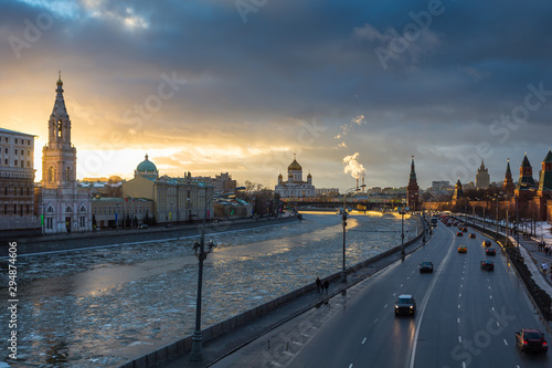 Sunset over Moscow river and Kremlin embankment at winter