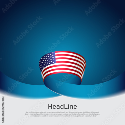 USA flag background. Wavy ribbon color flag of usa on a blue white background. American poster design. State american patriotic banner, cover, flyer. Vector illustration