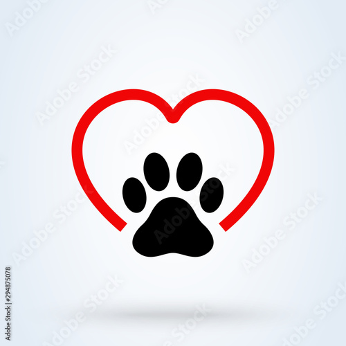 paw, Animal footprint in love symbol. Simple modern icon design illustration.