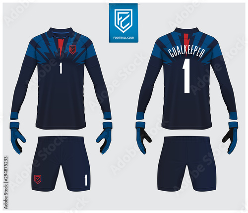 Goalkeeper jersey or soccer kit mockup. Goalkeeper glove and long sleeve jersey  template design. Sport t-shirt mock up. Front and back view soccer uniform. Flat football logo. Vector Illustration.