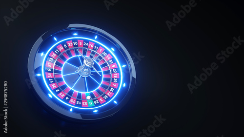 Casino Roulette Wheel Gambling Concept With Neon Blue Lights - 3D Illustration