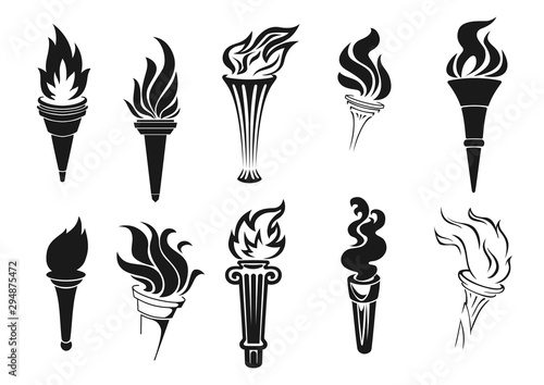 Burning torches with fire, icons