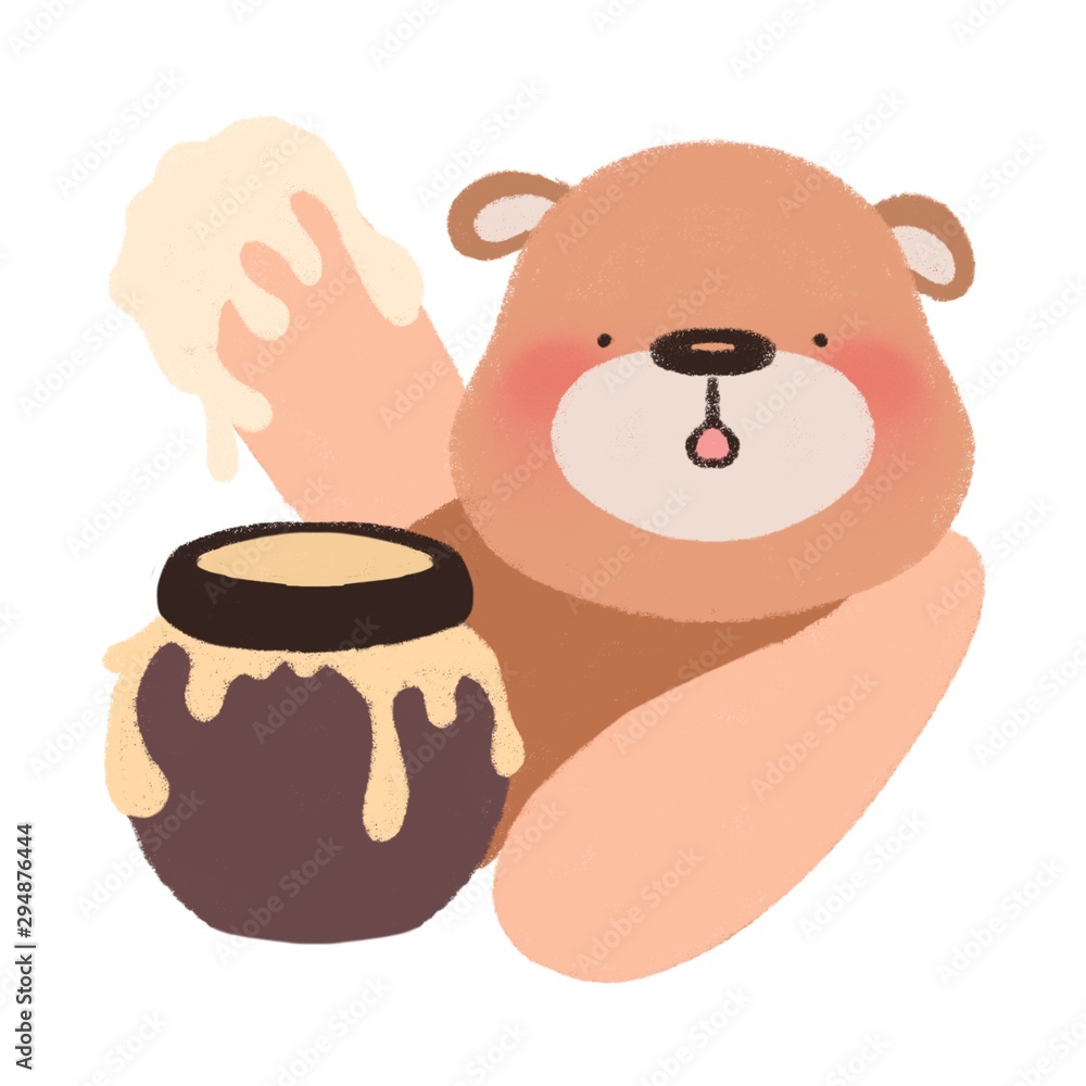 Brown bear dipping hand into honey jar Brown bear dipping hand into honey jar
