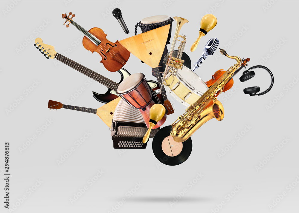 A variety of musical instruments in beautiful flight