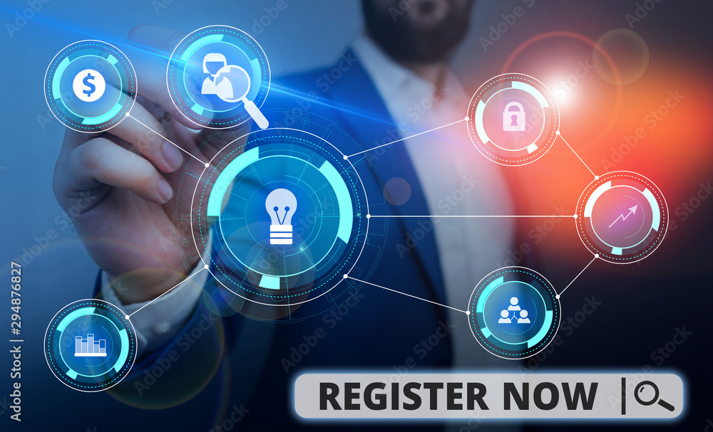 Word writing text Register Now. Business photo showcasing official list or record showing or things into web or forum Male human wear formal work suit presenting presentation using smart device Word writing text Register Now. Business photo showcasing official list or record showing or things into web or forum Male human wear formal work suit presenting presentation using smart device