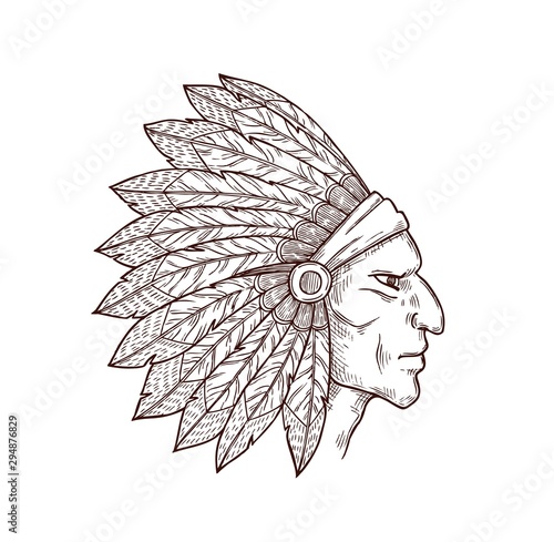 Native american indian chief with feathers on head