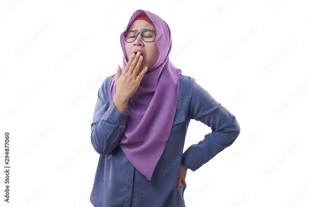 Tired Sleepy Muslim Lady Yawning, Isolated on White